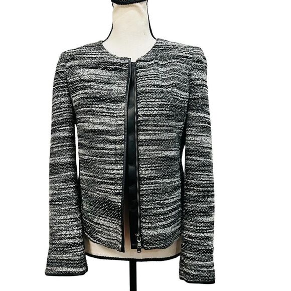 ECRU Womens Gray black metallic tweed collarliss blazer full zip jacket size 4 - Picture 3 of 13